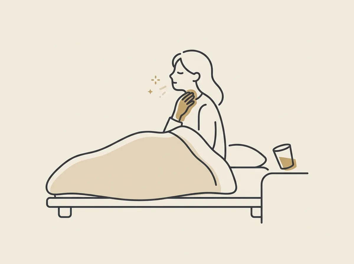 朝、のどの乾燥に手を当てる人のイラスト